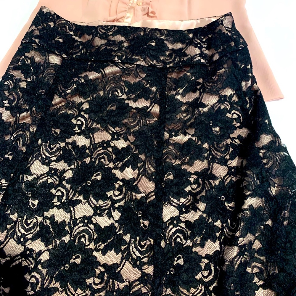Black lace skirt with pink liner.